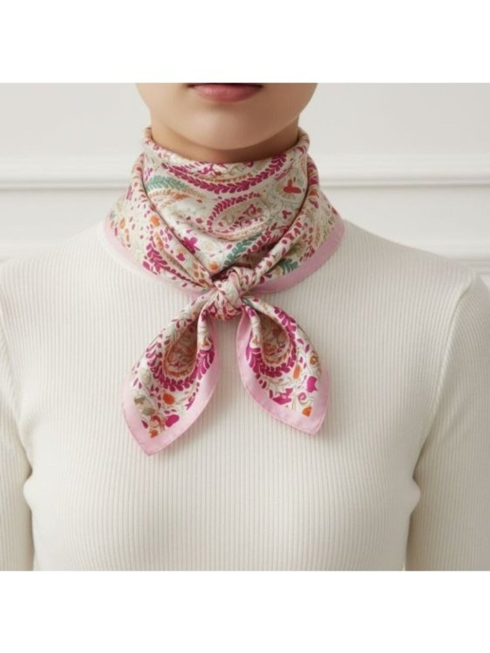 ⭐Elegant Bandana Square Scarf  Silky Vintage PINK Beige Floral Paisley Luxury⭐